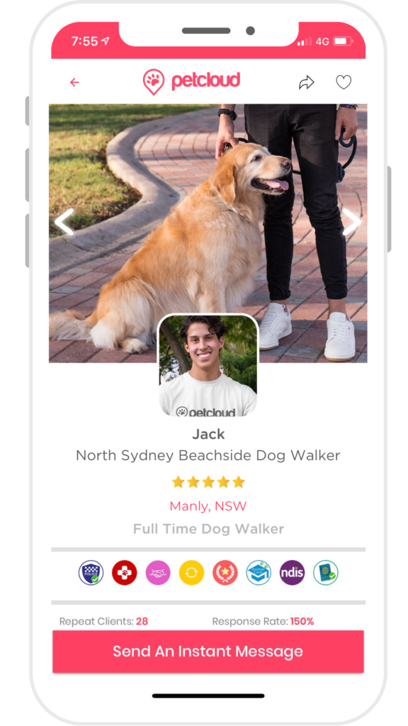 Dog Walker App showing a  listing on PetCloud