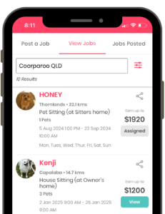 A smartphone screen displays a pet sitting job search app. The interface shows job listings in Coorparoo, QLD. Two listings are visible: "HONEY" with pet sitting at the sitter's home, and "Kenji" with house sitting at the owner's home. Each listing includes details and earnings—perfect for pet owners seeking money-saving secrets.